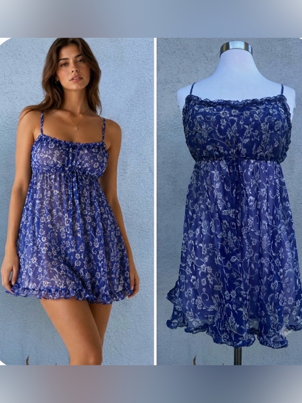 Vintage Victoria's Secret Floral Blue and White Chiffon Babydoll Slip Dress Sz M